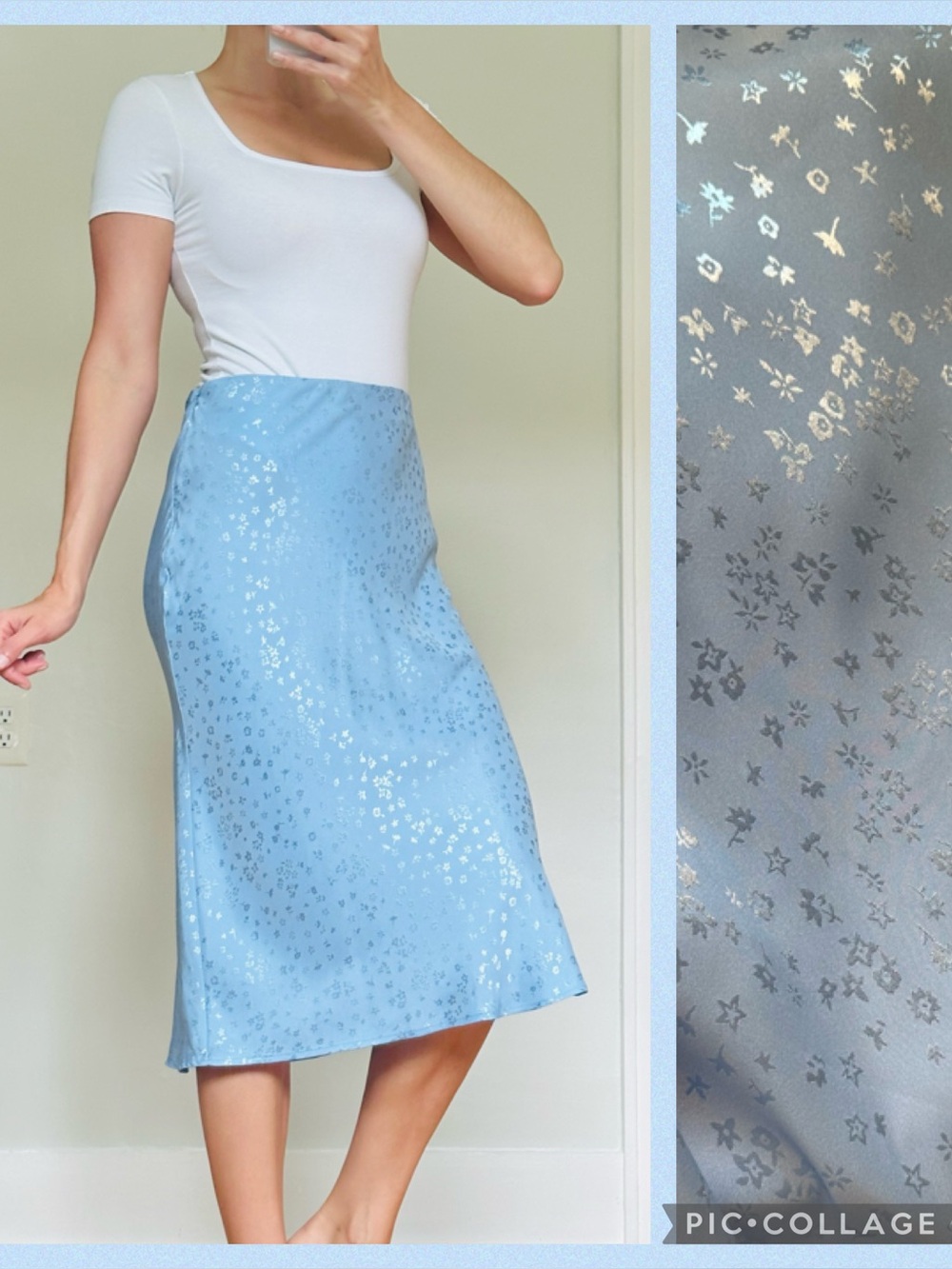 F21 Periwinkle Blue Silky Satin Floral Midi Skirt